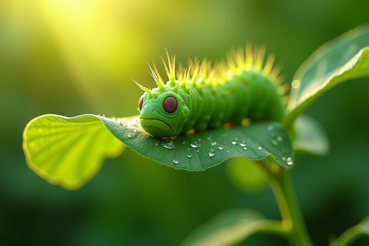 Gros plan d'une chenille verte sur une feuille de jardin ensoleillée