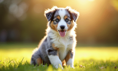 Chiot Australian Shepherd bleu merle assis dans l'herbe ensoleillee