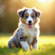 Chiot Australian Shepherd bleu merle assis dans l'herbe ensoleillee