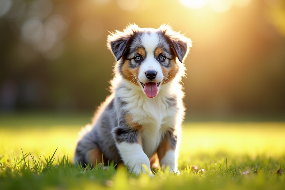 Chiot Australian Shepherd bleu merle assis dans l'herbe ensoleillee