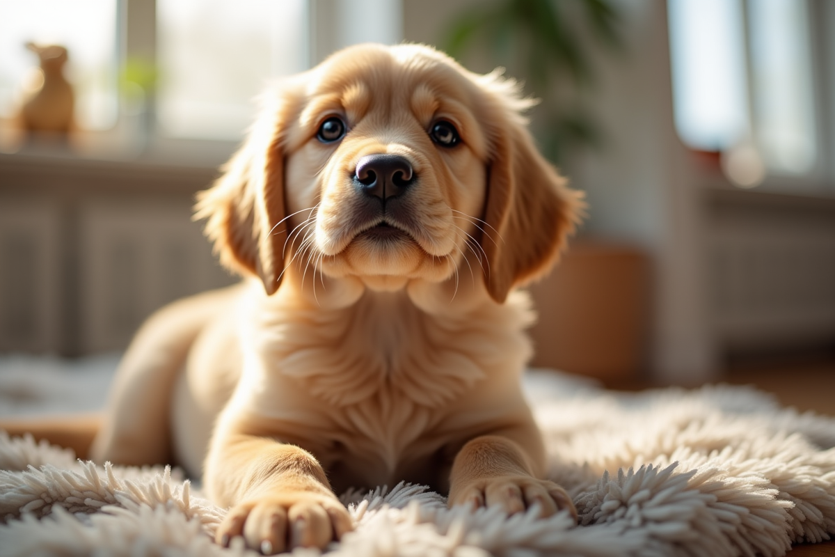 Chiot golden retriever assis sur une couverture douce à l intérieur