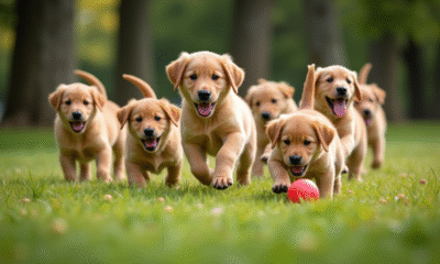 Jeune groupe de chiots golden retriever jouant dans un parc ensoleille