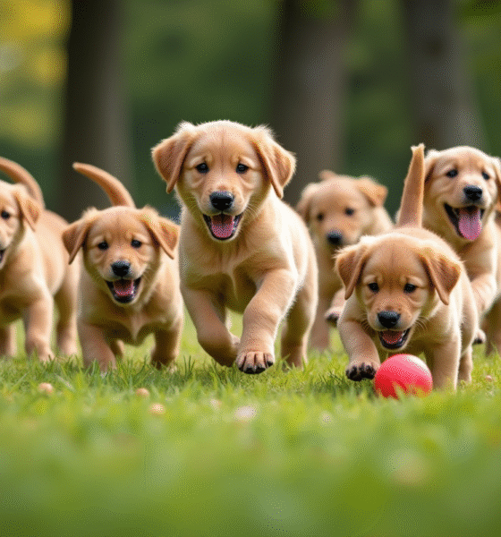 Jeune groupe de chiots golden retriever jouant dans un parc ensoleille