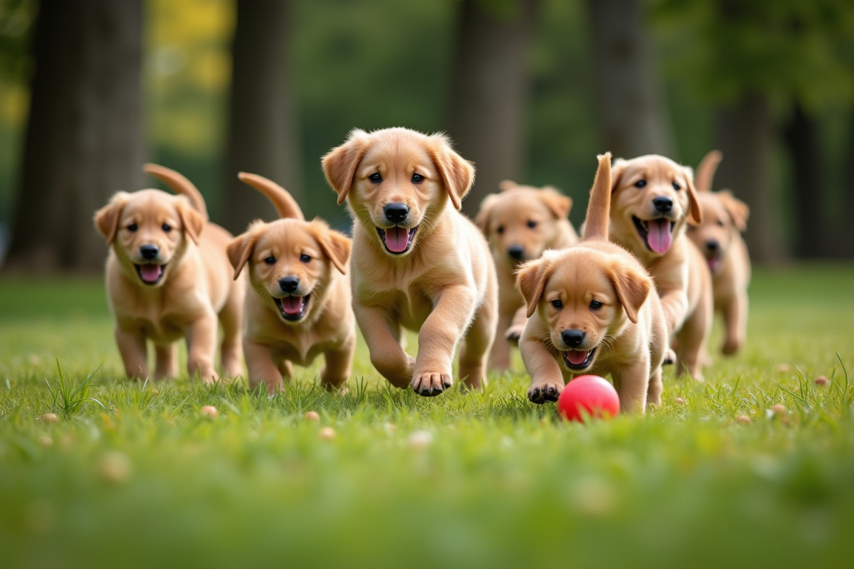 Jeune groupe de chiots golden retriever jouant dans un parc ensoleille