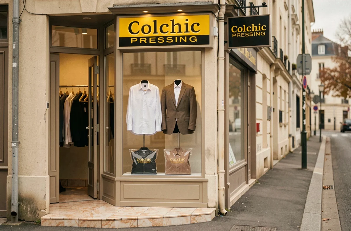 Devanture de Colchic Pressing avec enseigne jaune et noire et vêtements soigneusement présentés en vitrine