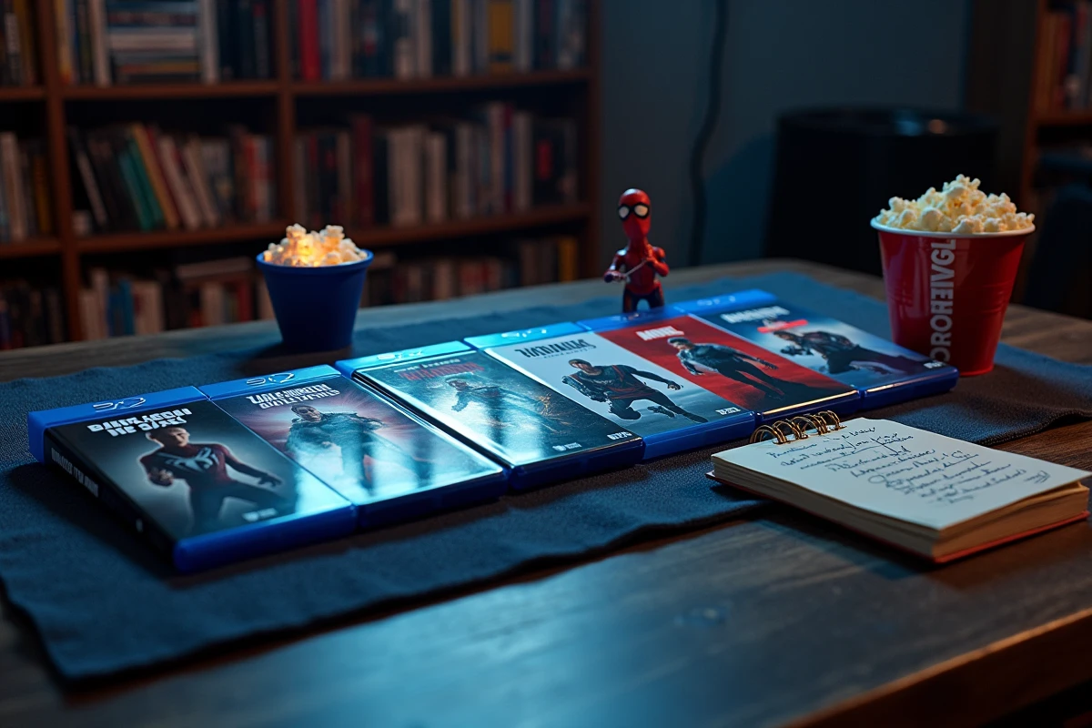 Collection de films Marvel Spider-Man en Blu-ray disposés en ordre chronologique sur un bureau en bois avec figurine et carnet de notes
