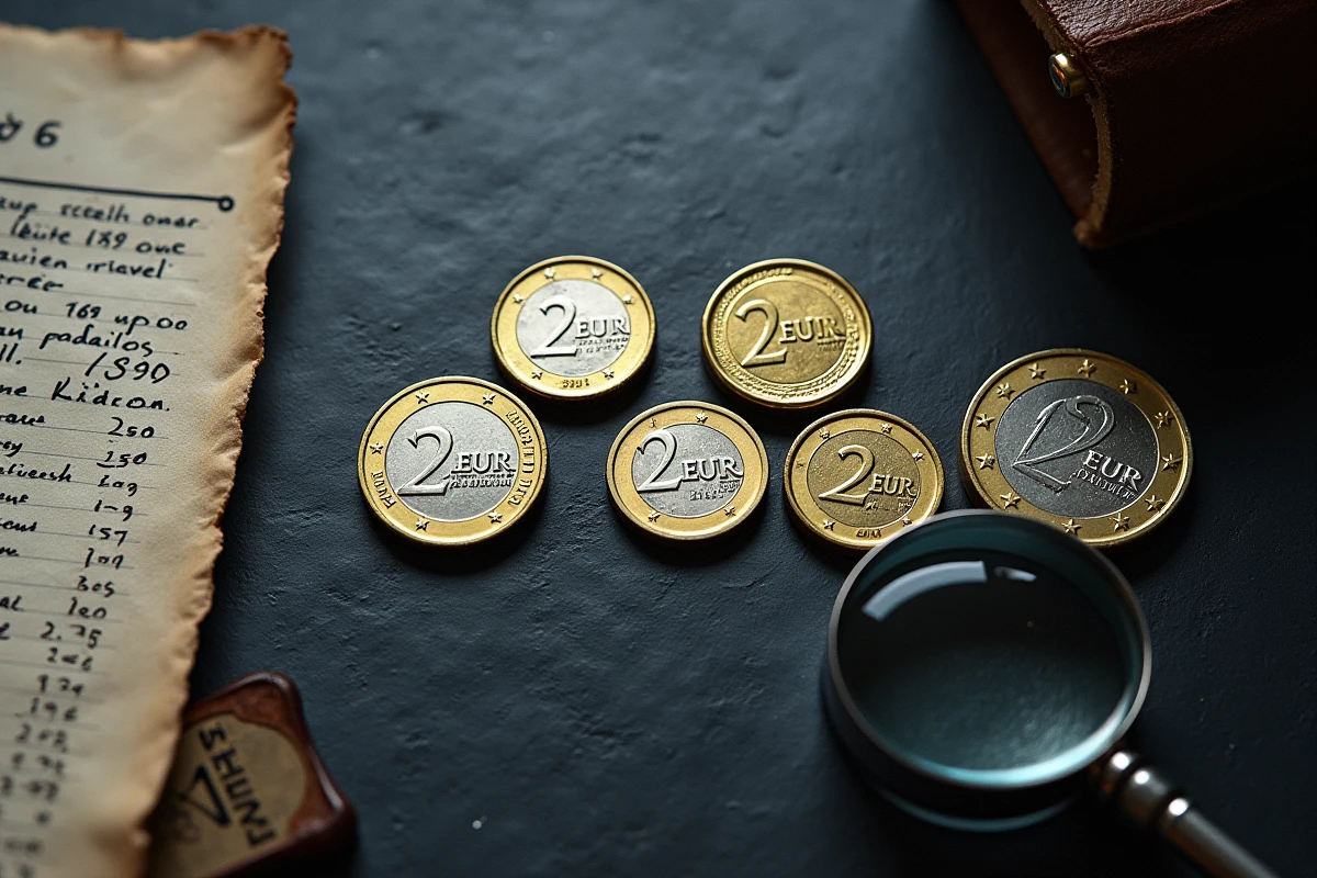 Collection de pièces de 2 euros rares disposées sur une surface en ardoise avec une loupe de numismate et une liste de valeurs manuscrite