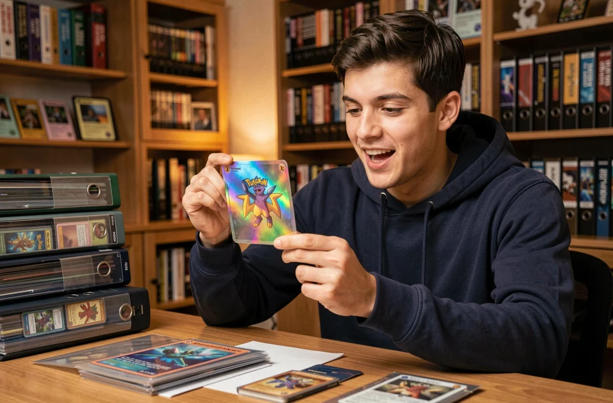 Jeune collectionneur examinant une carte Pokémon holographique rare avant la sortie 2026