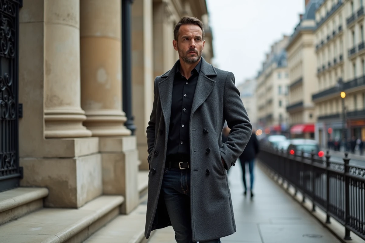 Comédien français contemporain devant un immeuble haussmannien à Paris, portrait urbain en pied