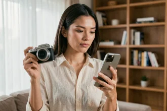 Femme comparant un appareil photo compact et un smartphone haut de gamme dans un salon moderne