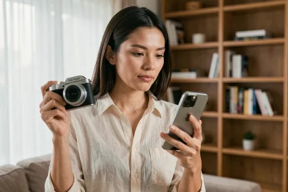 Femme comparant un appareil photo compact et un smartphone haut de gamme dans un salon moderne