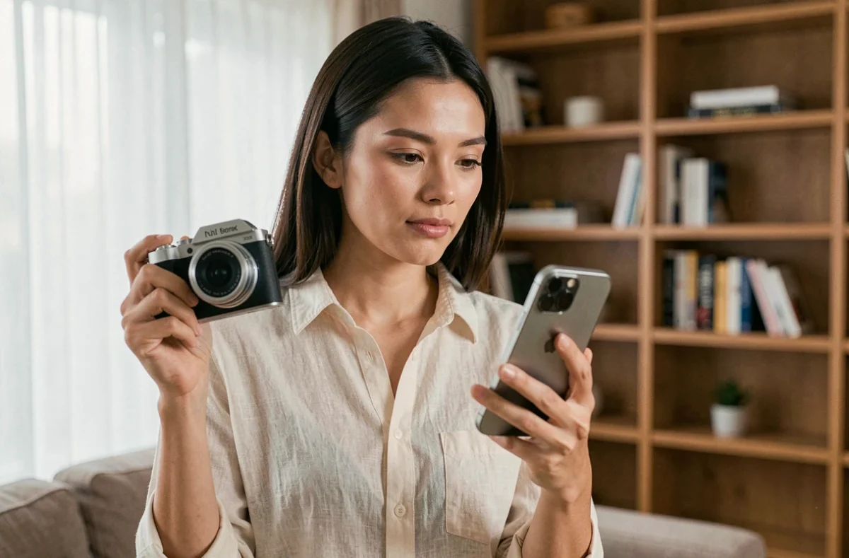 Femme comparant un appareil photo compact et un smartphone haut de gamme dans un salon moderne