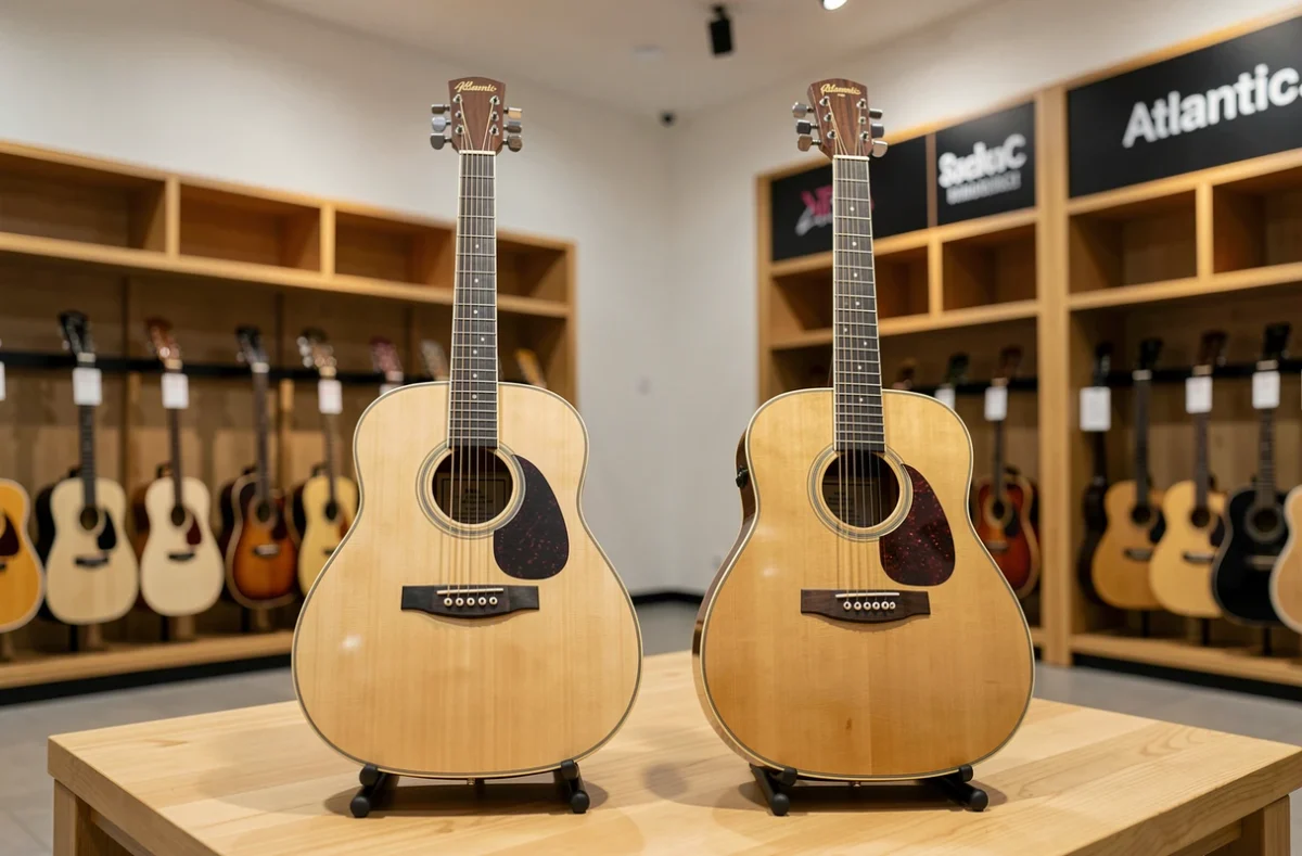 Comparaison côte à côte de deux guitares acoustiques pour identifier les critères de qualité d'une vraie Atlantic guitars