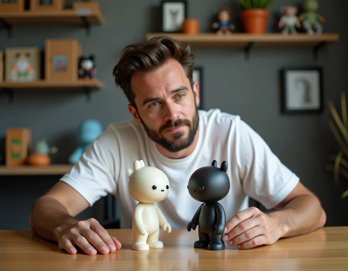 Collectionneur comparant une figurine Labubu authentique et une contrefaçon pour identifier les différences