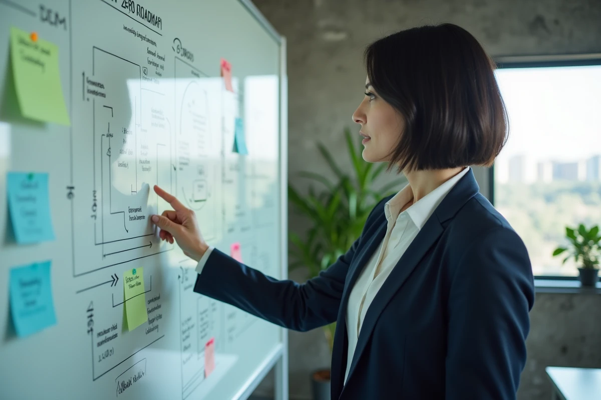 Consultante en stratégie net zéro devant un tableau de planification carbone dans un bureau moderne