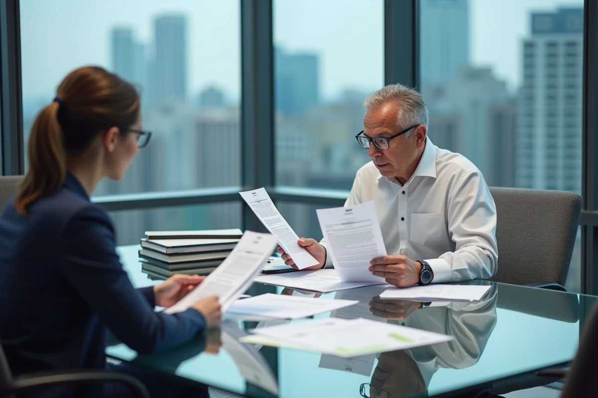 Homme consultant un conseiller juridique autour de documents de recours administratif dans un bureau moderne