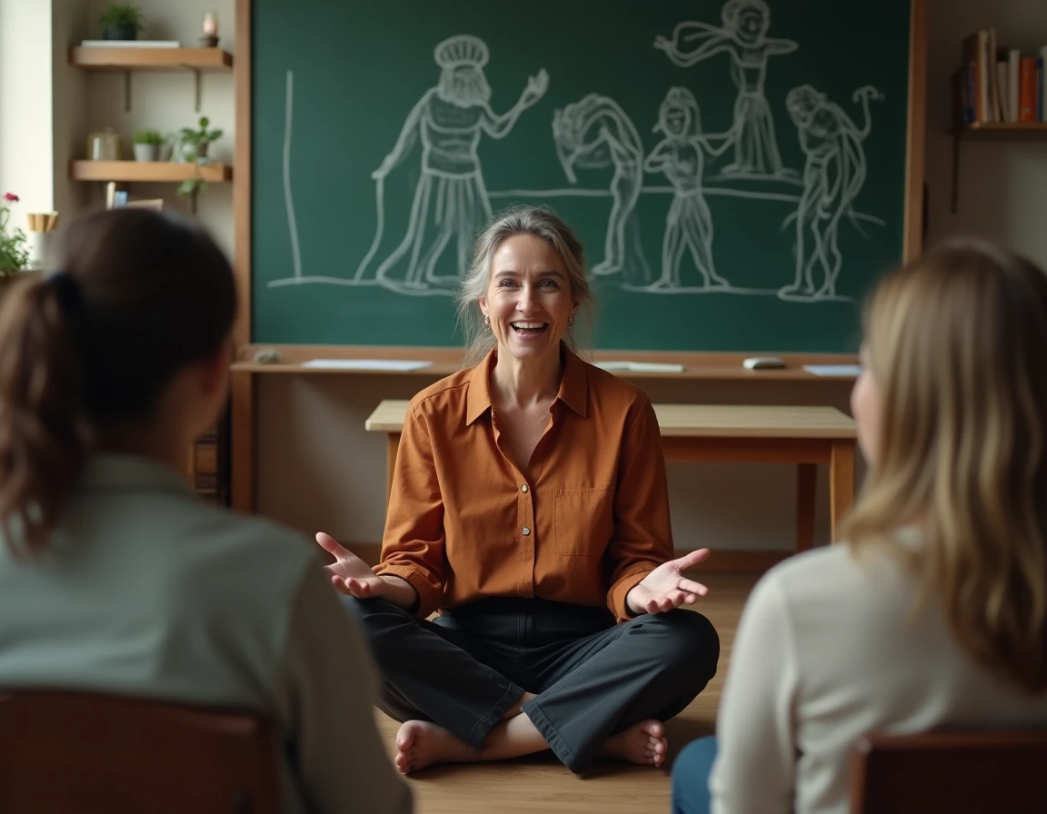 Femme contant les travaux d'Hercule oralement à un groupe d'adultes assis en cercle dans une salle de classe avec tableau noir illustré
