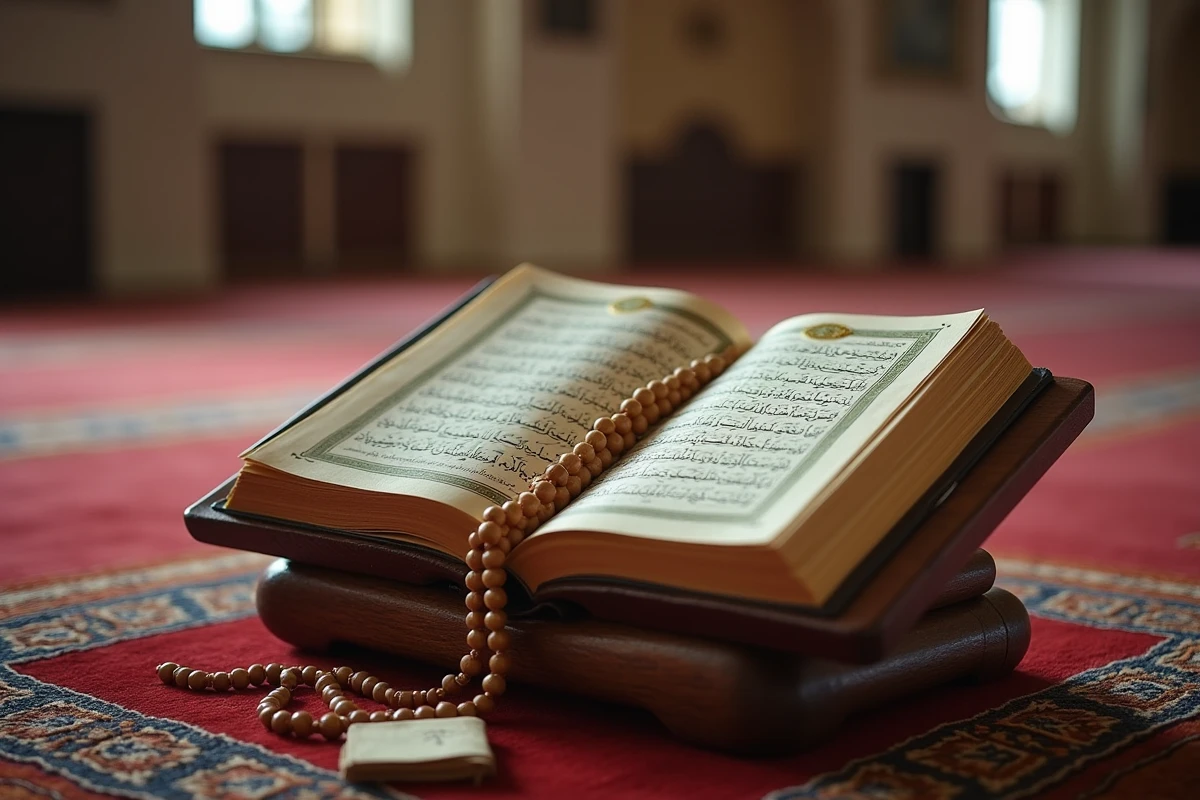 Coran ouvert sur la sourate Al Kahf avec un chapelet en bois et des notes en français pour la prière du vendredi