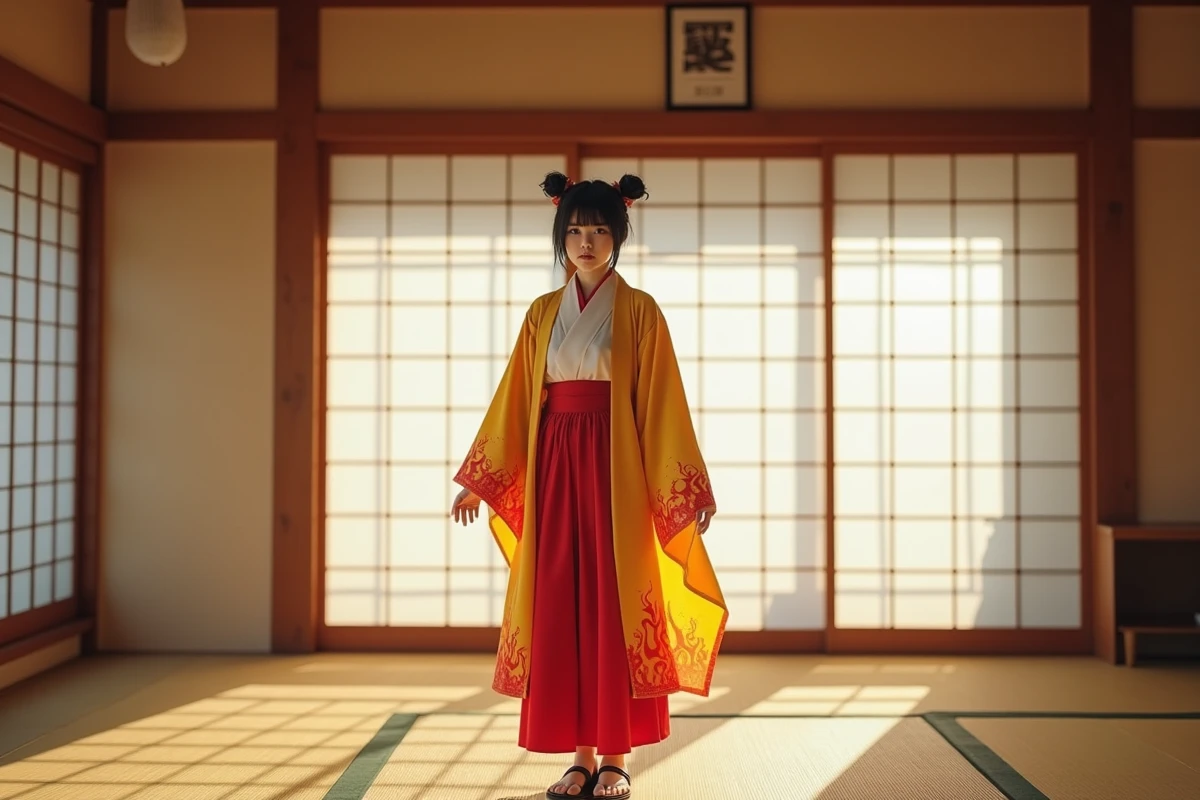 Cosplay féminin de Rengoku en pied dans une pièce japonaise traditionnelle avec tatami et shoji, haori à motifs flammes et coiffure fidèle au personnage