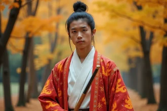 Cosplay Rengoku réaliste porté par un jeune homme en extérieur avec haori à motifs flammes et katana en bois, entouré de feuillage automnal
