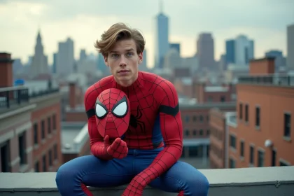 Jeune homme en costume Spider-Man replica assis sur un toit urbain avec vue sur les gratte-ciels de New York