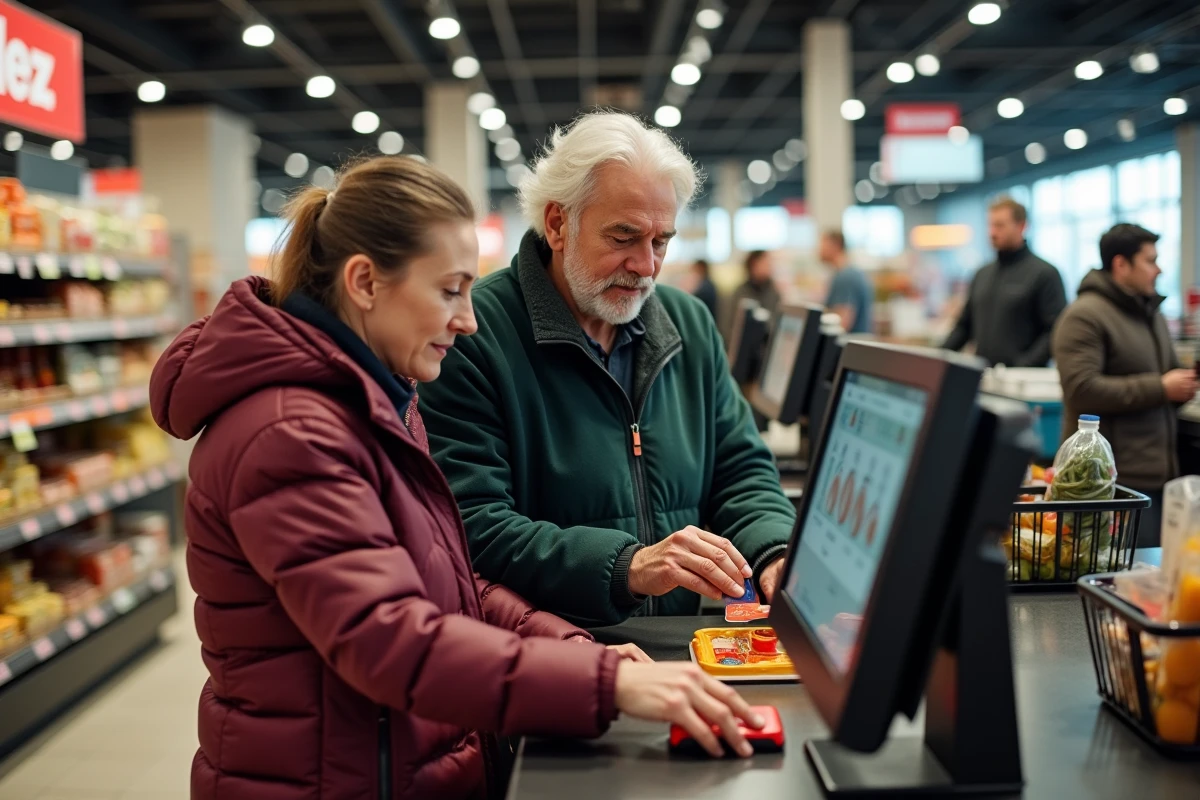 Couple utilisant une carte de fidélité Intermarché à une caisse automatique en supermarché