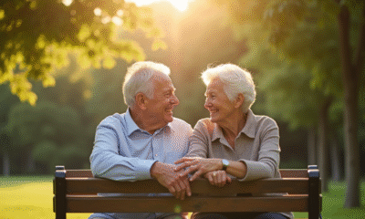 Couple senior assis sur un banc ensoleille dans un parc