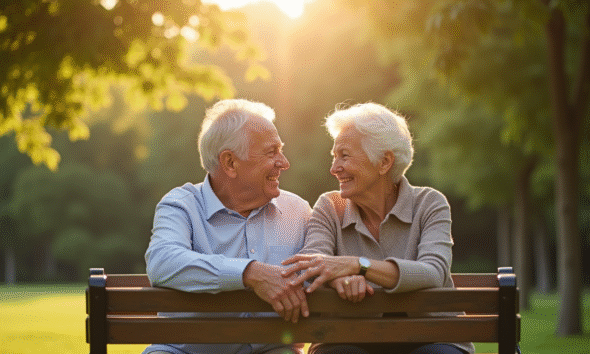 Couple senior assis sur un banc ensoleille dans un parc