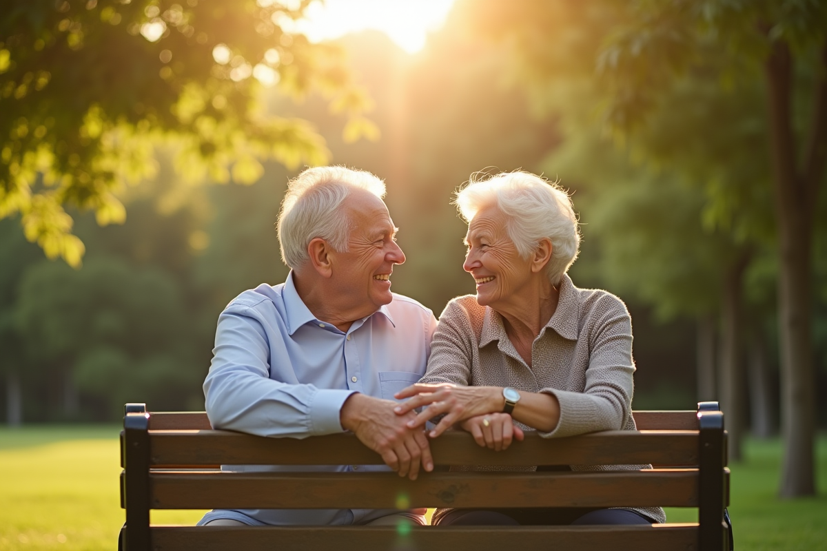 Couple senior assis sur un banc ensoleille dans un parc