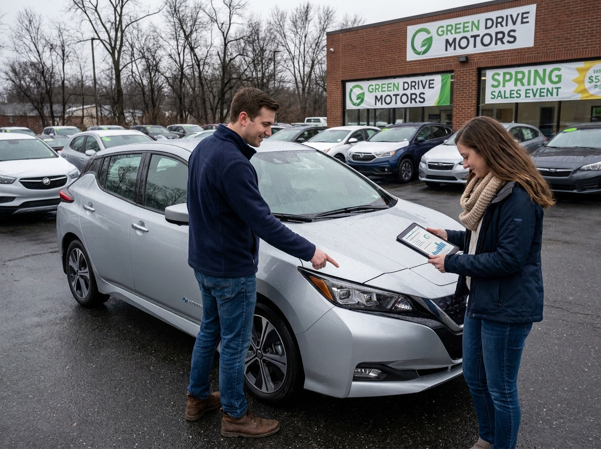 Couple comparant les options de financement d'une voiture électrique neuve dans un lot de concessionnaire