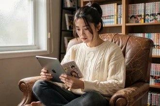 Jeune femme lisant un manhwa sur tablette dans un fauteuil en cuir entouré de livres, parfait pour débuter dans les manhwas coréens