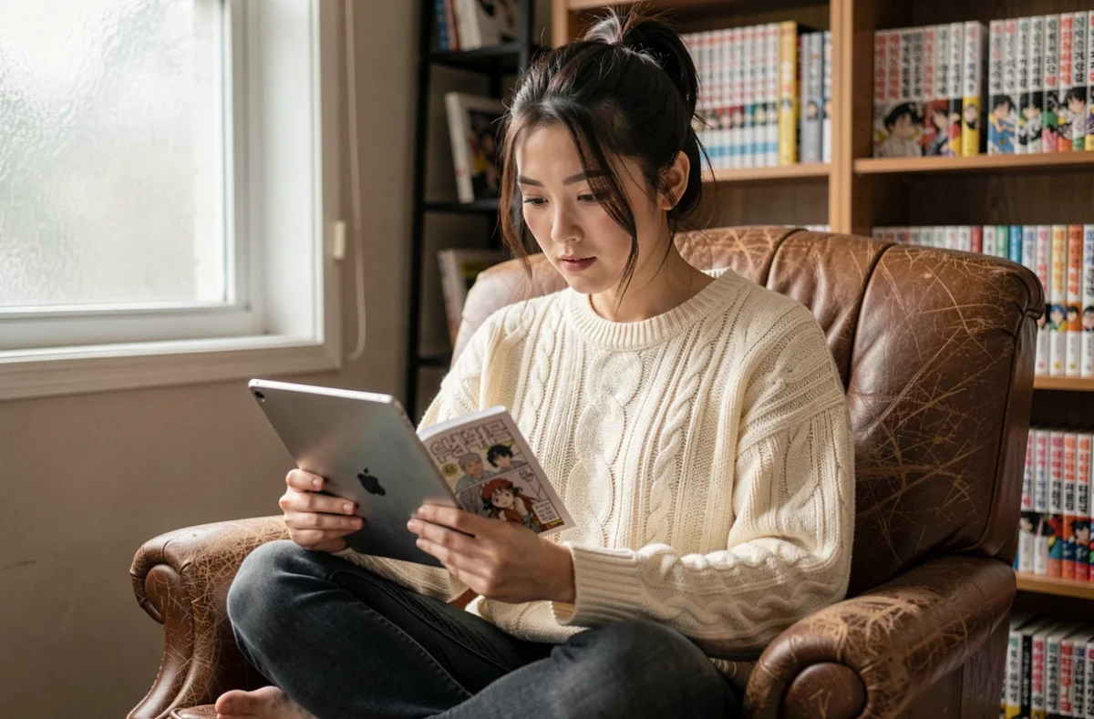 Jeune femme lisant un manhwa sur tablette dans un fauteuil en cuir entouré de livres, parfait pour débuter dans les manhwas coréens