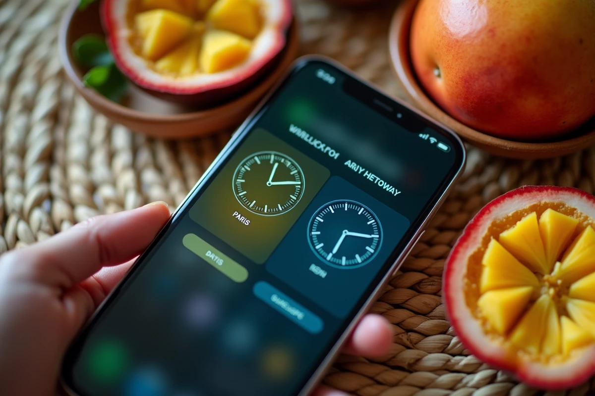 Smartphone affichant le décalage horaire entre Paris et la Guadeloupe posé sur un napperon en rotin avec fruits tropicaux