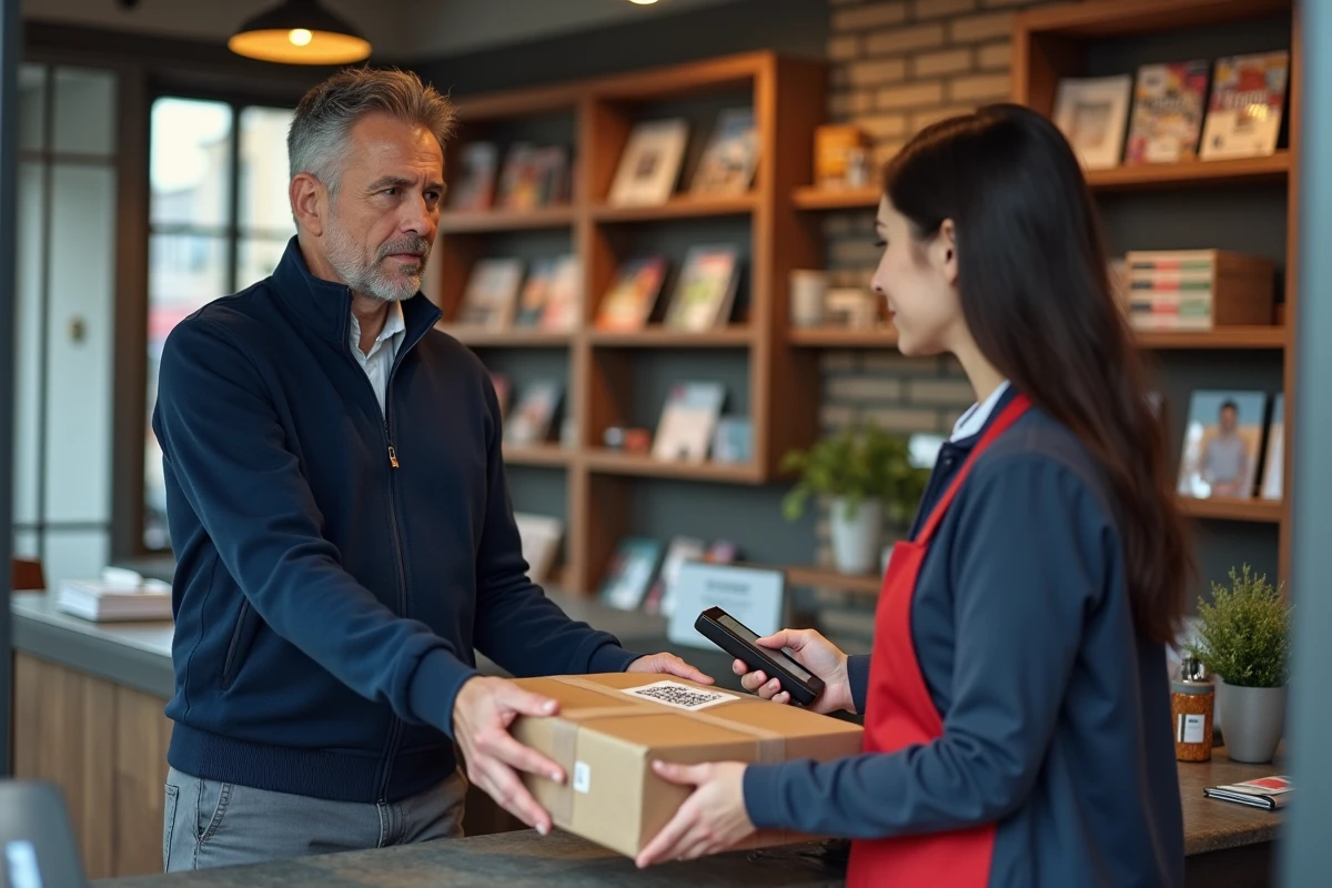 Homme déposant un colis Chronopost dans un point relais bureau de tabac avec scan de l'étiquette
