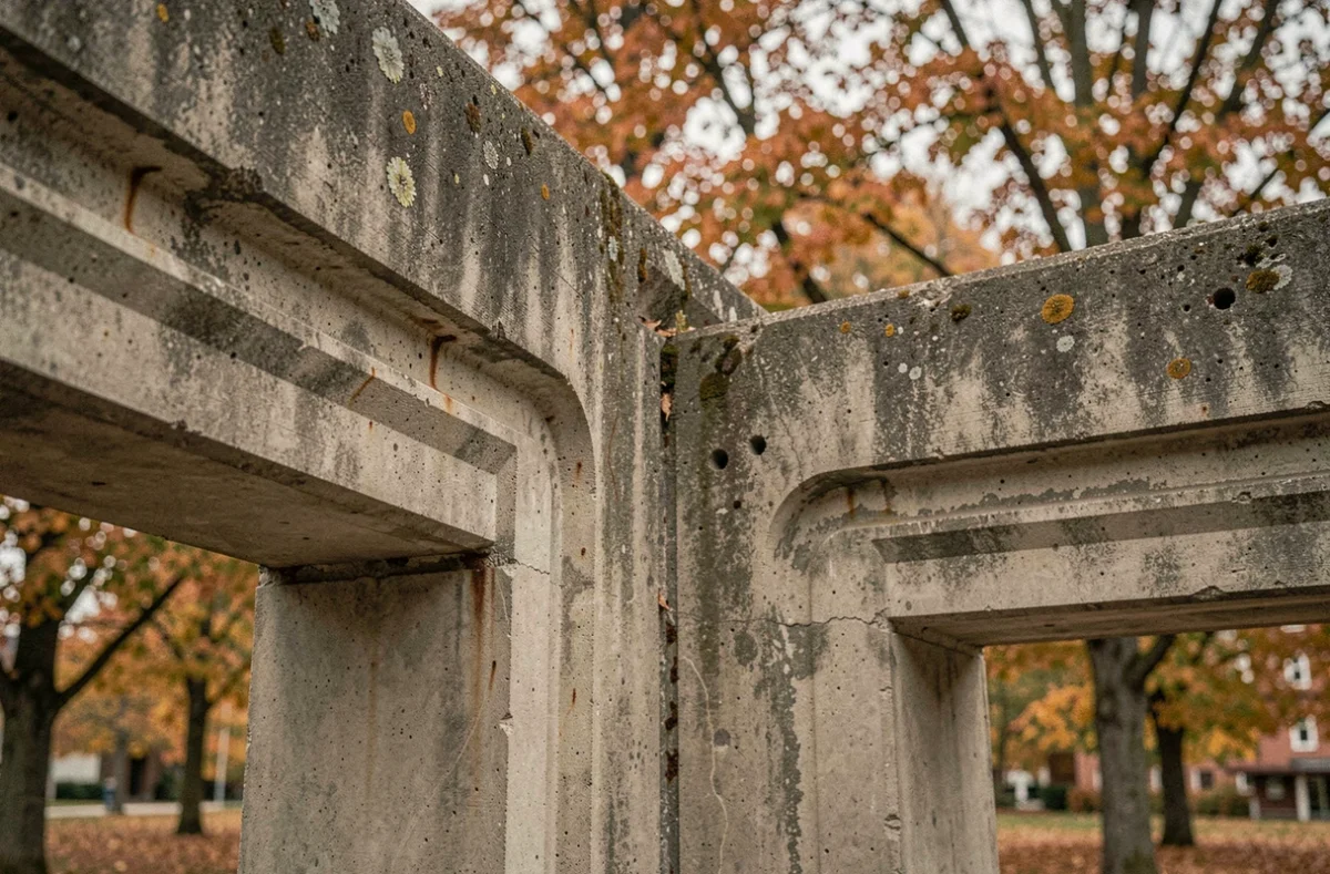 Détail rapproché de poutres en béton brut brutaliste de style Marcel Breuer avec rainures géométriques et patine du temps