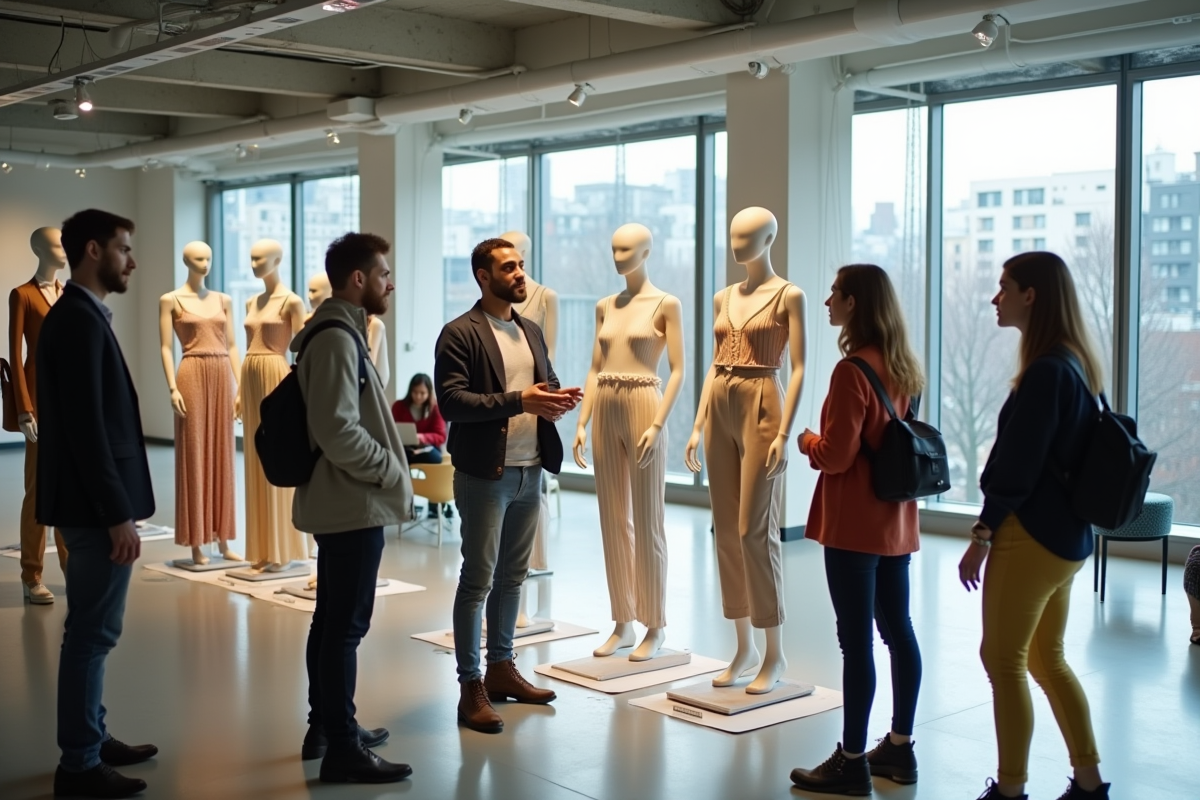 Jeunes créateurs discutant devant mannequins de mode