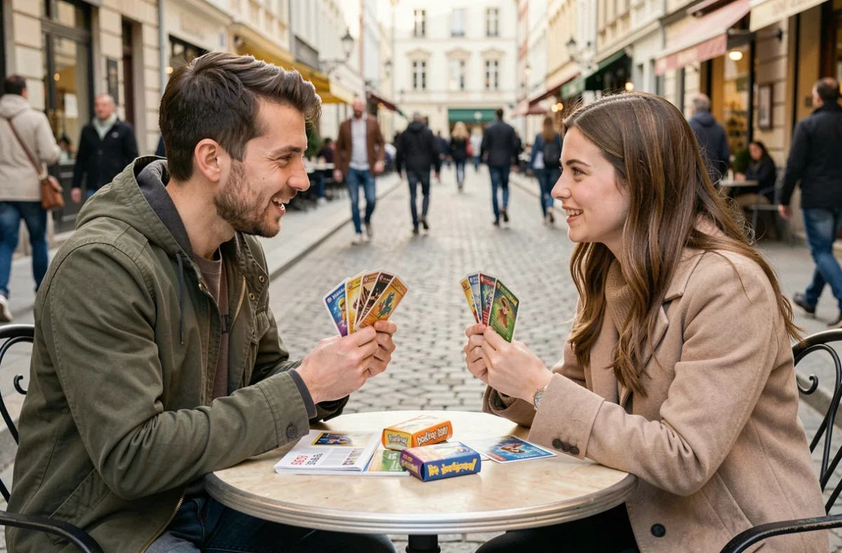 Deux collectionneurs discutant de cartes Pokémon rares à rechercher avant la sortie 2026 dans un café