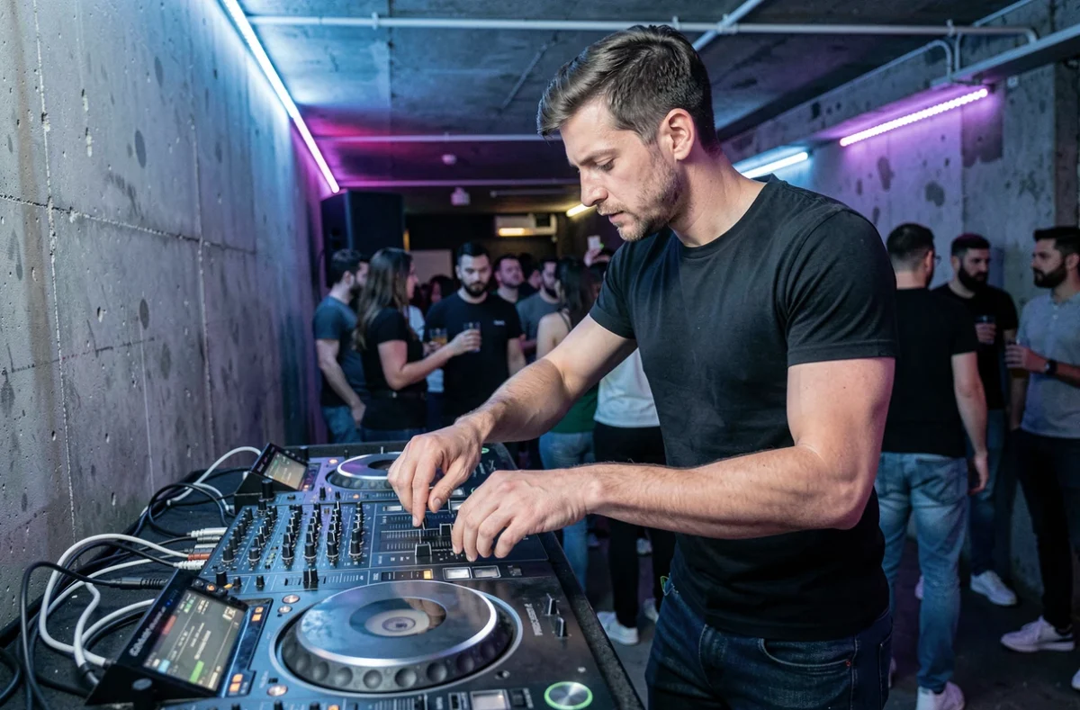 DJ masculin en action derrière une table de mixage dans un club underground lors d'un événement de musique électronique