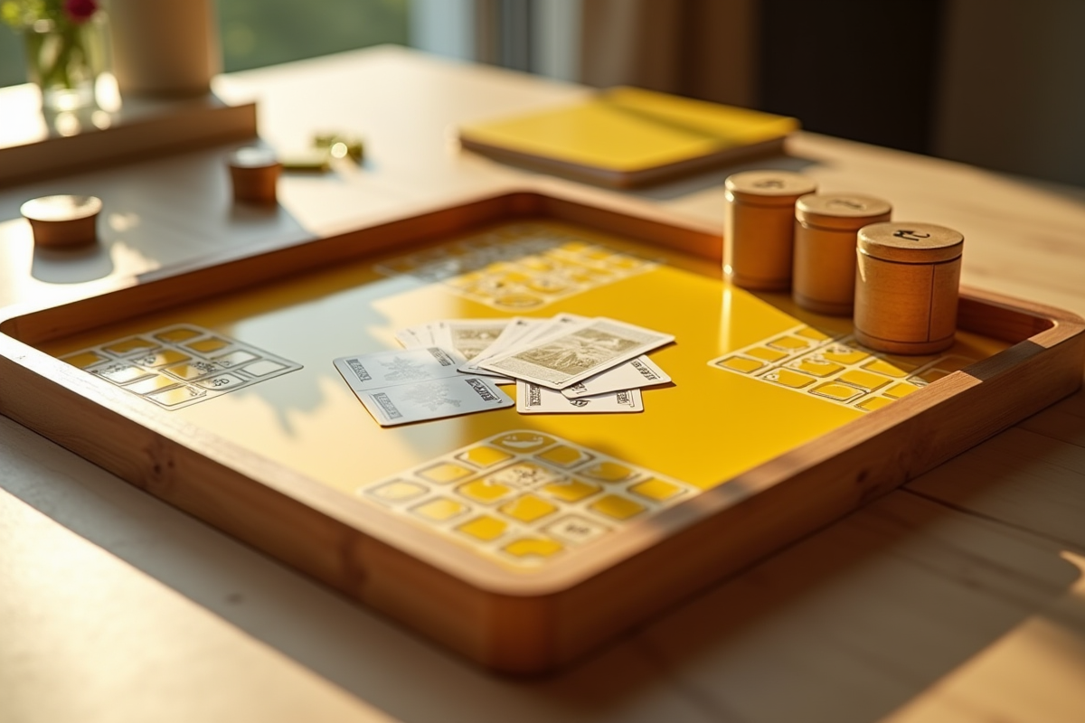 Détails des composants du jeu nain jaune sur une table moderne