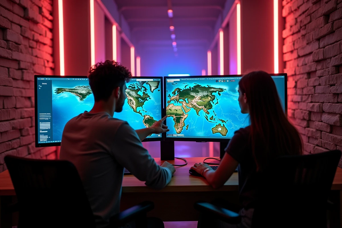 Deux joueurs analysant ensemble les meilleures routes de farm de portails Dofus sur des écrans doubles dans un espace gaming