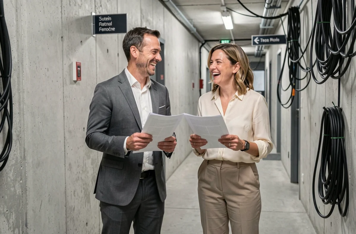 Duo de présentateurs TV français en coulisses d'un grand réseau télévisé en 2026