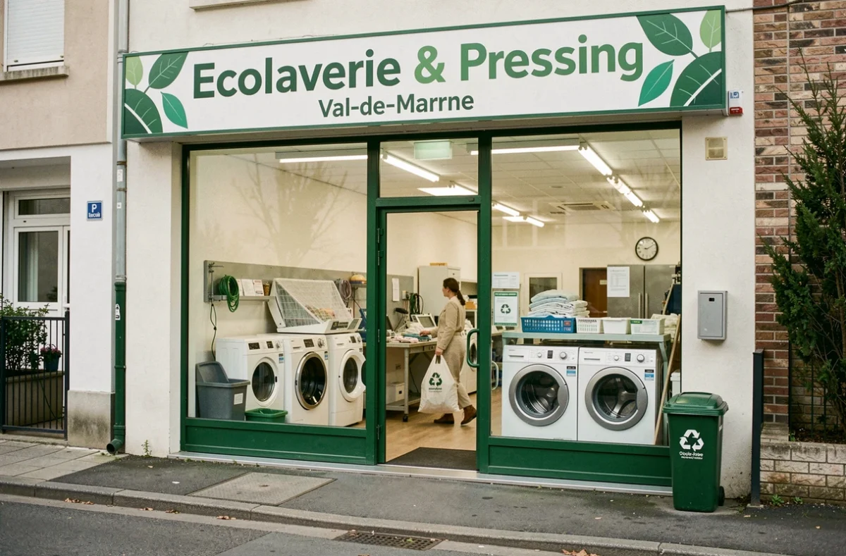 Façade d'Ecolaverie & Pressing avec machines à laver visibles et enseigne verte dans le Val-de-Marne