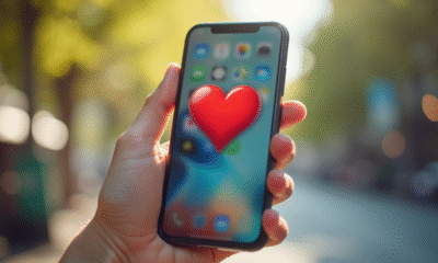 Jeune tenant un smartphone avec emoji coeur rouge en plein jour