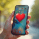 Jeune tenant un smartphone avec emoji coeur rouge en plein jour