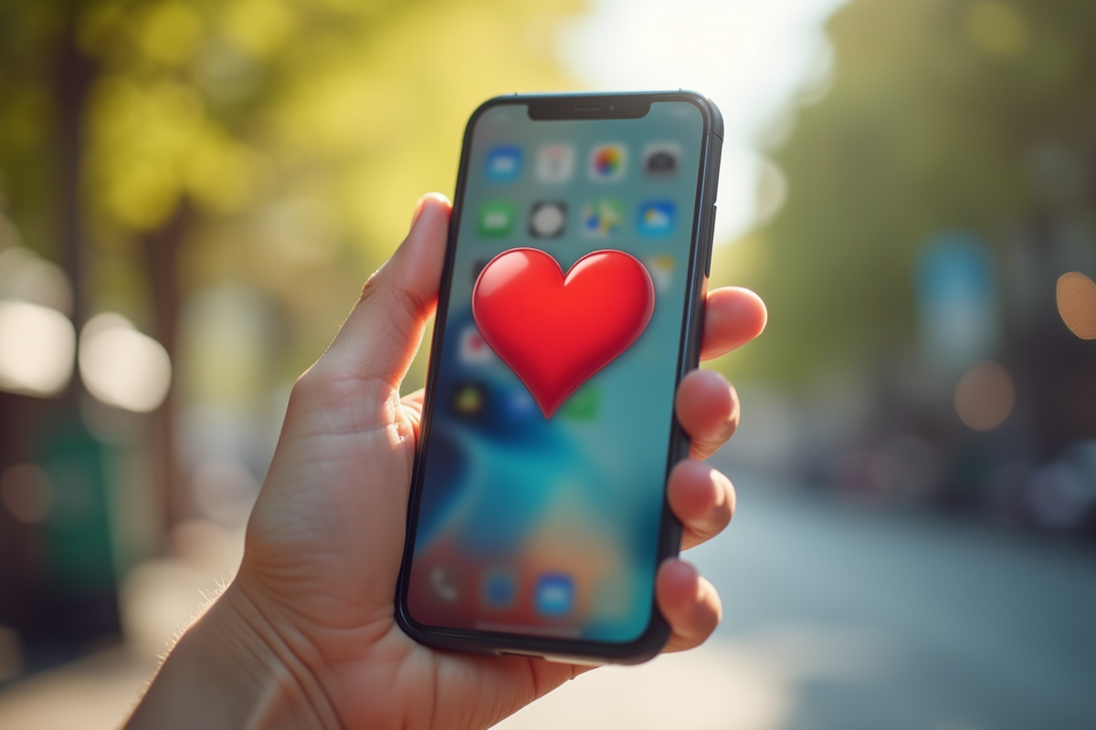 Jeune tenant un smartphone avec emoji coeur rouge en plein jour