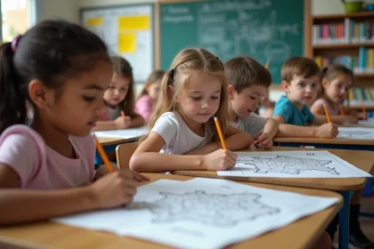 Groupe d'élèves français remplissant des cartes de France à l'école
