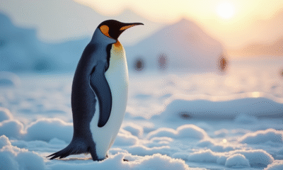 Manchot empereur sur glace au lever du soleil