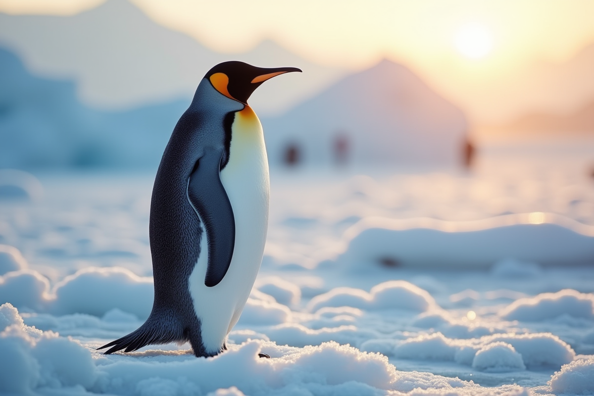 Manchot empereur sur glace au lever du soleil