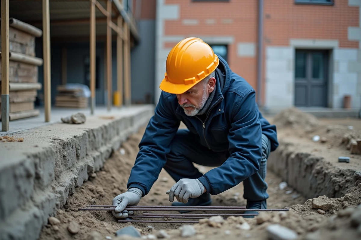 Ingénieur en construction examinant la fondation en béton
