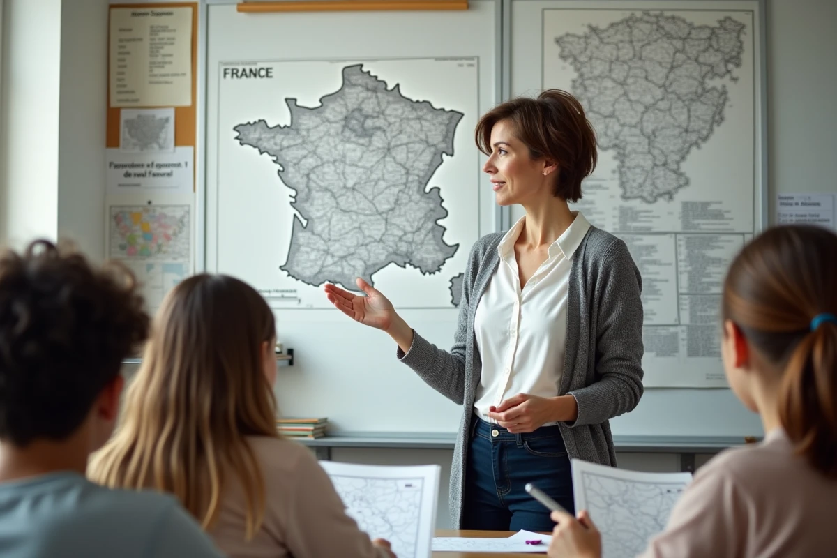 Professeure montrant une carte de France aux élèves en classe